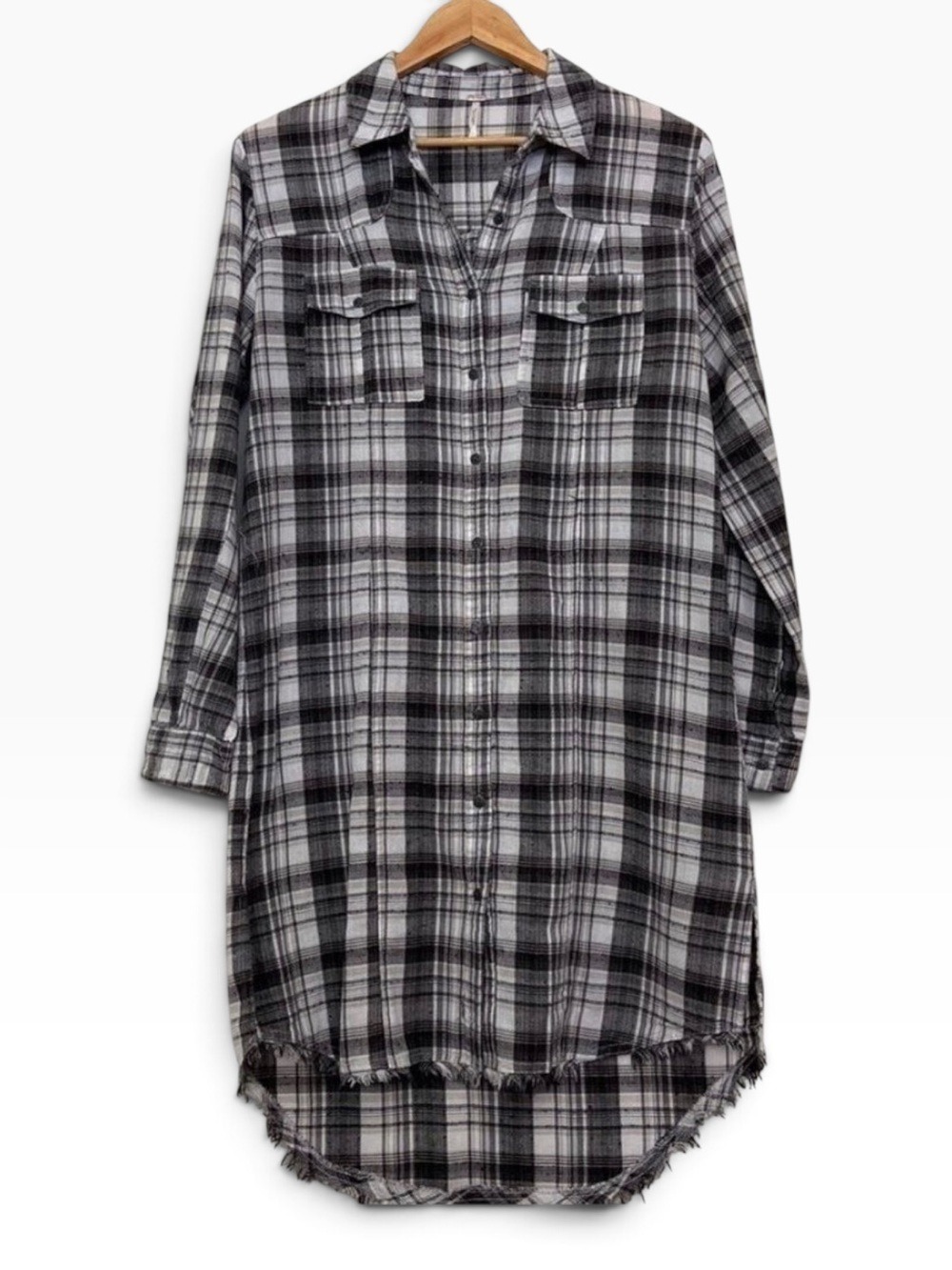Free people dress tunic plaid black white fringe size small lightweight cotton